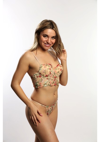 Bralet & Tanga Push Up Çiçek Desenli Tüllü Dolgulu Sütyen Takım Krem