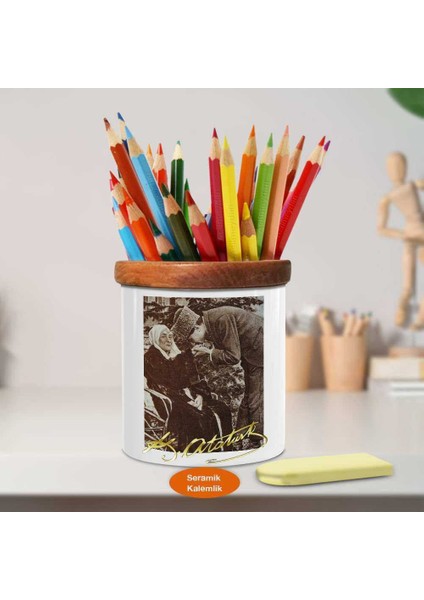Zübeyde Hanım ve Kemal Atatürk Ahşap Seramik Kalemlik -S131 fiyatları