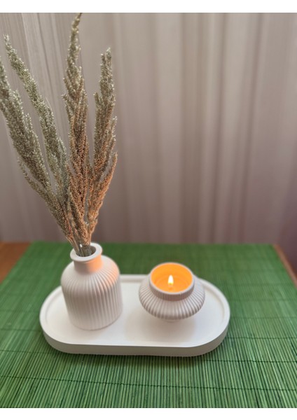 Dekoratif Pampas Iskandinav Mini Kuru Çiçek Vazosu ve Tealight & Şamdan Mumluk Set