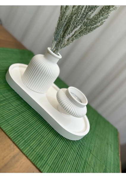 Dekoratif Pampas Iskandinav Mini Kuru Çiçek Vazosu ve Tealight & Şamdan Mumluk Set