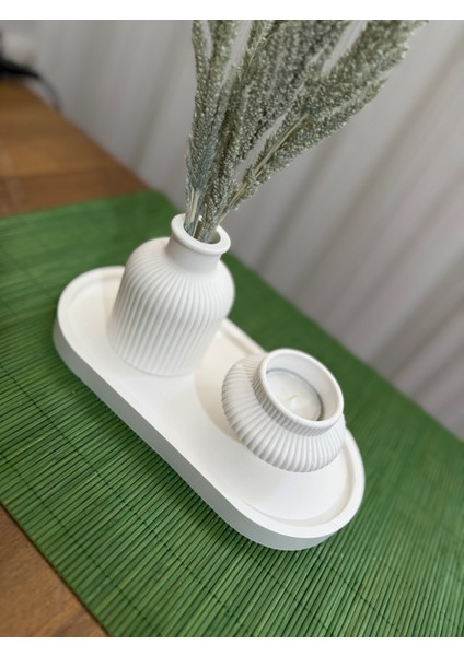 Dekoratif Pampas Iskandinav Mini Kuru Çiçek Vazosu ve Tealight & Şamdan Mumluk Set