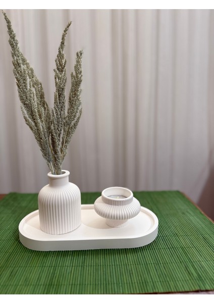 Dekoratif Pampas Iskandinav Mini Kuru Çiçek Vazosu ve Tealight & Şamdan Mumluk Set
