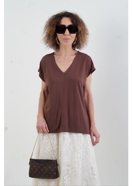 Kahve V Yaka Japone Kol Bluz modelleri