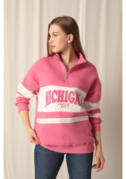 Üç Iplik Michigan Baskılı Fermuarlı Kadın Pembe Sweat
