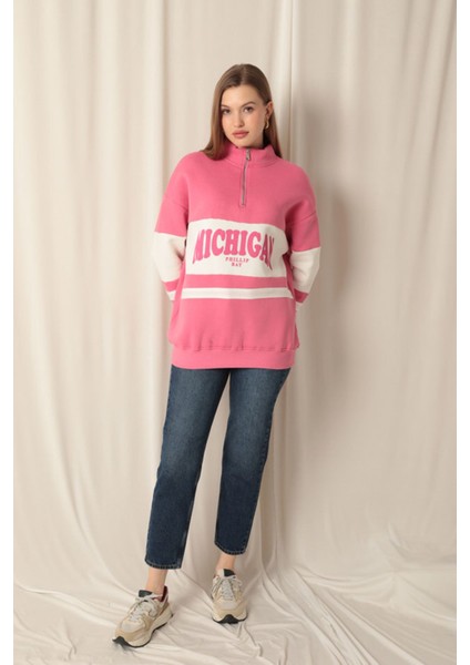 Üç Iplik Michigan Baskılı Fermuarlı Kadın Pembe Sweat indirimleri