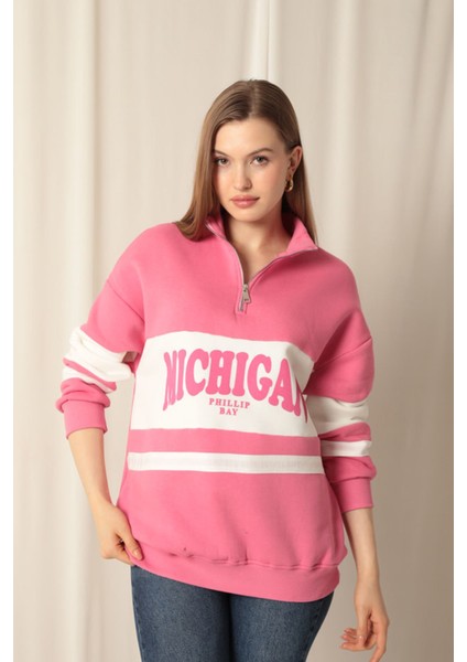 Üç Iplik Michigan Baskılı Fermuarlı Kadın Pembe Sweat fiyatları