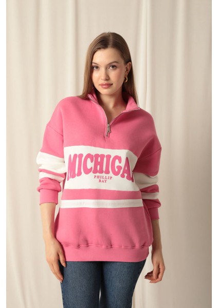 Üç Iplik Michigan Baskılı Fermuarlı Kadın Pembe Sweat modelleri