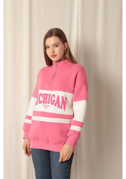 Üç Iplik Michigan Baskılı Fermuarlı Kadın Pembe Sweat fırsatları