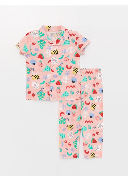 Polo Yaka Kısa Kollu Desenli Kız Bebek Pijama Takımı
