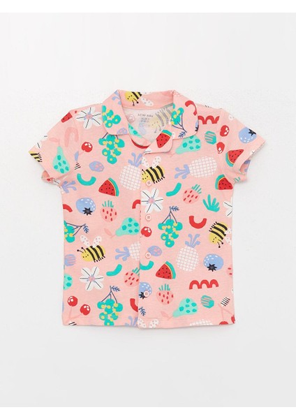 Polo Yaka Kısa Kollu Desenli Kız Bebek Pijama Takımı