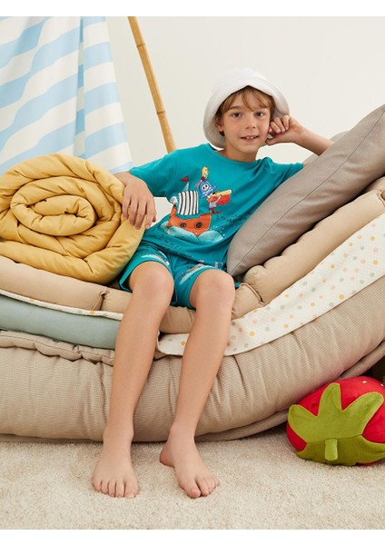 Bisiklet Yaka Baskılı Kısa Kollu Erkek Çocuk Şortlu Pijama Takımı