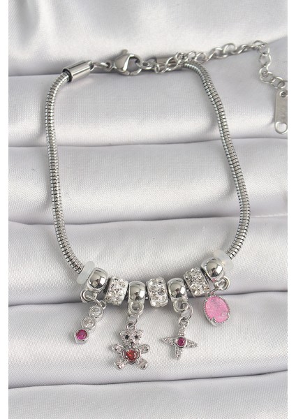 316L Çelik Gümüş Renk Zincir Sallantı Zirkon Taşlı Ayıcık Figür Yıldız Detay Kadın Bileklik - Lisinya