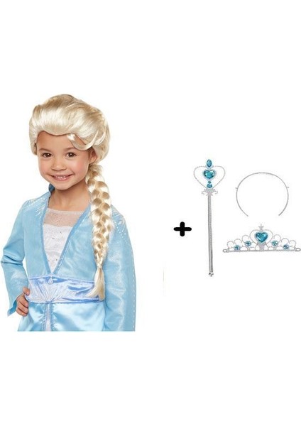 Örgülü Karlar Ülkesi Frozen Elsa Peruğu Tacı ve Sopası Çocuk Boy