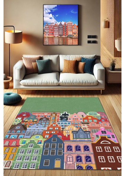 The Reef Desşgn Amsterdam Şehir Desenli Dokuma Tabanlı Kaymaz Halı Dijital Baskılı Salon Halısı