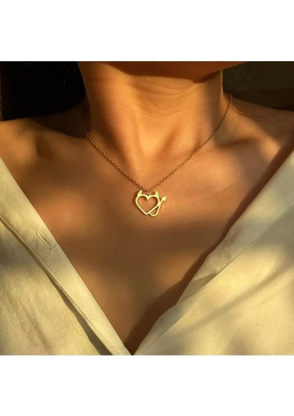 Has Altın Kaplama Kalp Şeytan Kuyruk 925K Kolye