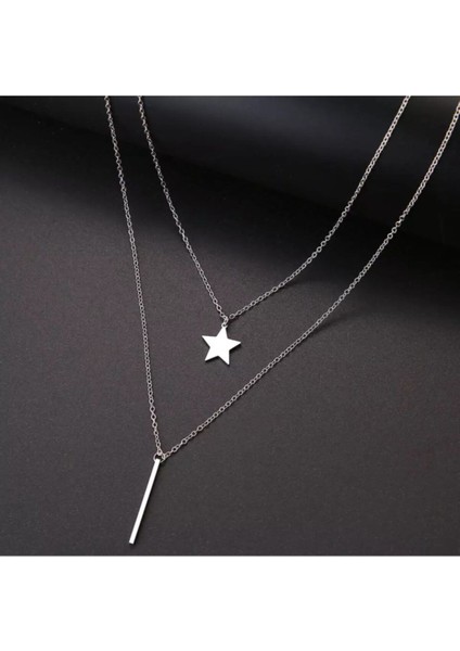 925 Ayar Gümüş Ikili Yıldız Çubuk Bar Kolye