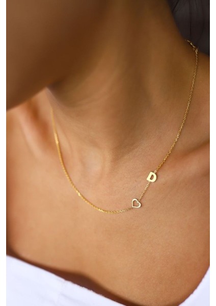 Has Altın Kaplama Yan Model Kalp Harf 925K Kolye