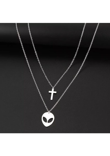 925 Ayar Gümüş Ikili Uzaylı Haç Kolye