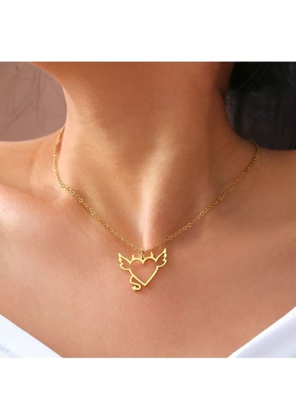 Has Altın Kaplama Kanatlı Kalp Şeytan 925K Kolye