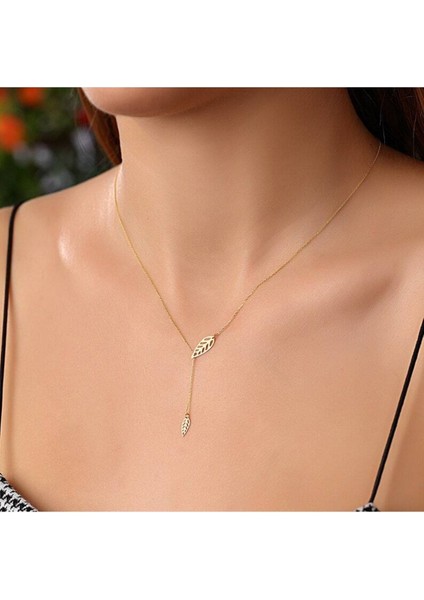 Has Altın Kaplama Iç Içe Yaprak 925K Kolye