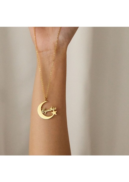 925 Ayar Gümüş Ay Yıldız Isim Kolye