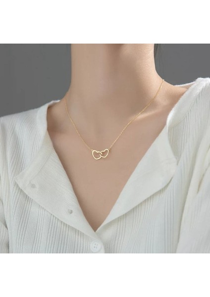 Has Altın Kaplama Iç Içe Ikili Kalp 925K Kolye