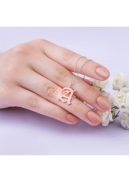 925 Ayar Gümüş Rose Renk Old English Harf Kolye