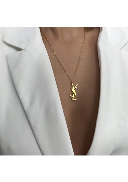 Ysl! Yazılı 925 Ayar Gümüş Altın Kaplama Kolye | Gold | Unisex