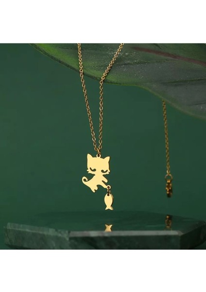 Has Altın Kaplama Kedi ve Balık 925K Kolye