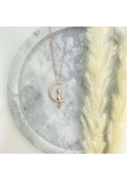 925 Ayar Gümüş Kedi ve Ay Kolye