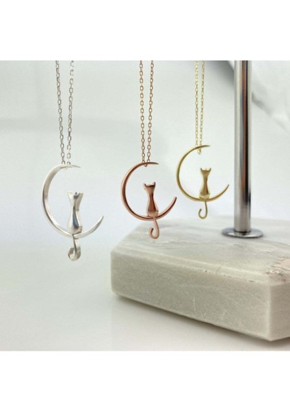 925 Ayar Gümüş Kedi ve Ay Kolye fiyatları