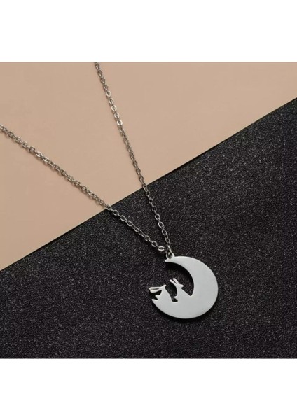 925 Ayar Gümüş Ay ve Tavşanlar Kolye