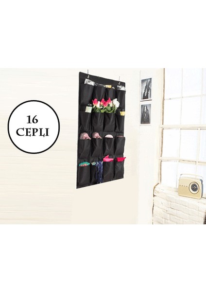 16 Cepli Kapı Arkası Çok Amaçlı Organizer - Siyah