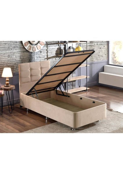 Niron Polo Baza ve Başlık Seti - 90x200 cm Tek Kişilik Sütlü Kahve Kumaş Baza ve Başlığı Soho Kumaş