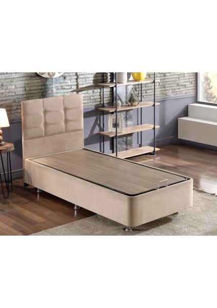 Niron Polo Baza ve Başlık Seti - 90x200 cm Tek Kişilik Sütlü Kahve Kumaş Baza ve Başlığı Soho Kumaş