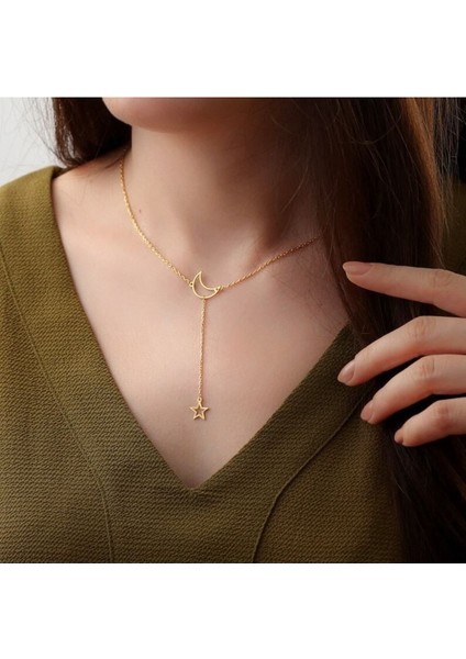 Has Altın Kaplama Sallantılı Ay Yıldız 925K Kolye
