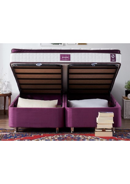 Niron Purple Yatak Seti 160x200 cm Çift Kişilik Yatak Baza Başlık Takımı - Orta Sert Yatak Mor Baza ve Başlığı
