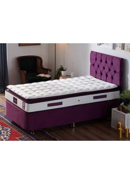 Niron Purple Yatak Seti 100x200 cm Tek Kişilik Yatak Baza Başlık Takımı - Orta Sert Yatak Mor Baza ve Başlığı
