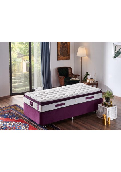Niron Purple Yatak Seti 100x200 cm Tek Kişilik Yatak Baza Başlık Takımı - Orta Sert Yatak Mor Baza ve Başlığı