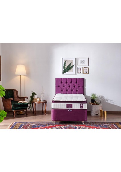 Niron Purple Yatak Seti 80x200 cm Tek Kişilik Yatak Baza Başlık Takımı - Orta Sert Yatak Mor Baza ve Başlığı