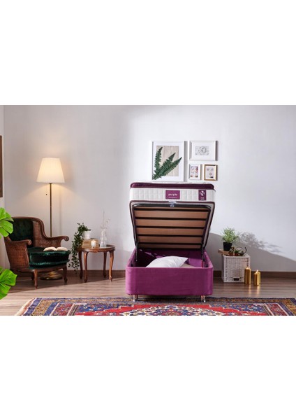 Niron Purple Yatak Seti 80x200 cm Tek Kişilik Yatak Baza Başlık Takımı - Orta Sert Yatak Mor Baza ve Başlığı