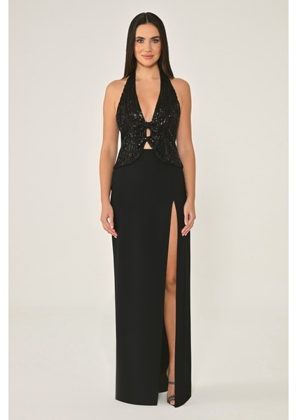 Kadın Abiye V Yaka Payet Etek Krep Uzun Abiye fiyatları