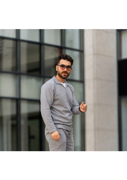 Erkek Polo Yaka Uzun Kollu T-Shirt – Waffle Kumaş, Pamuk, Regular Fit, Günlük ve Spor Kullanım, Gri (S-M-L-Xl-Xxl)