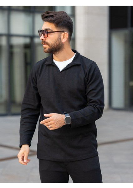 Erkek Polo Yaka Uzun Kollu T-Shirt – Waffle Kumaş, Pamuk, Regular Fit, Günlük ve Spor Kullanım, Siyah (S-M-L-Xl-Xxl)"