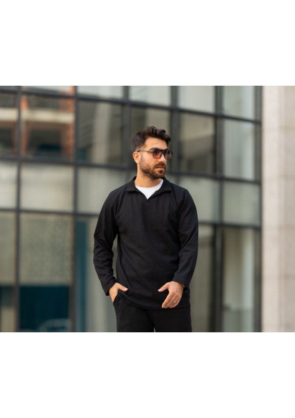 Erkek Polo Yaka Uzun Kollu T-Shirt – Waffle Kumaş, Pamuk, Regular Fit, Günlük ve Spor Kullanım, Siyah (S-M-L-Xl-Xxl)" modelleri