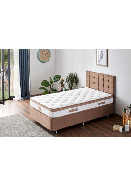 Niron Latte 120x200 cm Tek Kişilik Yatak Baza Başlık Seti - Sert Yatak, Kumaş Baza ve Başlık Takımı