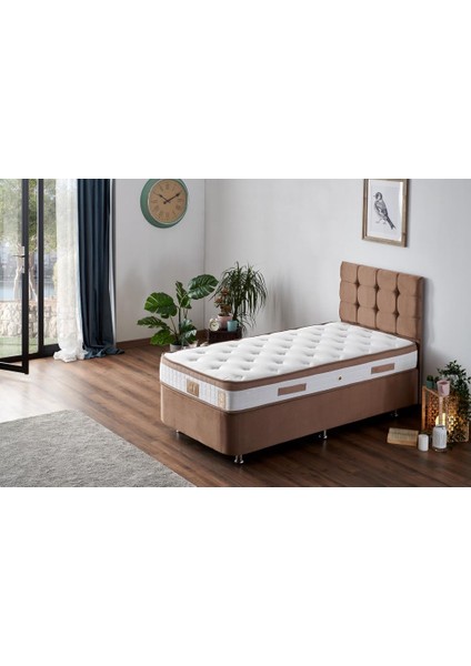 Niron Latte 100x200 cm Tek Kişilik Yatak Baza Başlık Seti - Sert Yatak, Kumaş Baza ve Başlık Takımı