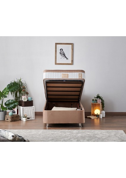 Niron Latte 100x200 cm Tek Kişilik Yatak Baza Başlık Seti - Sert Yatak, Kumaş Baza ve Başlık Takımı