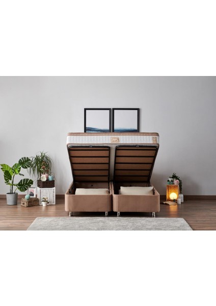 Niron Latte 200x200 cm Çift Kişilik Yatak Baza Başlık Seti - Sert Yatak, Kumaş Baza ve Başlık Takımı