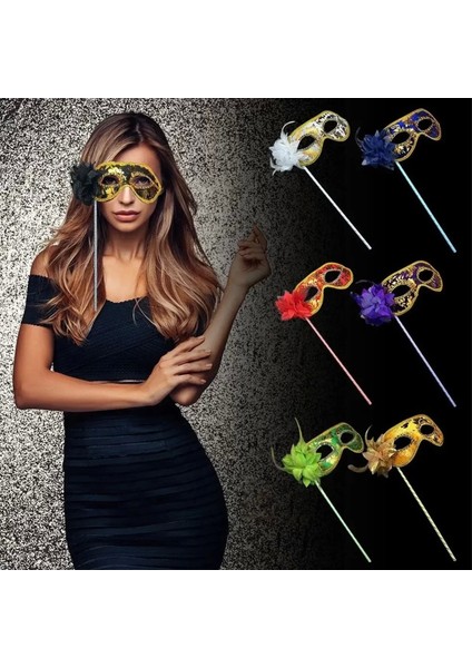 Lüks Taşlı Saplı Maskeli Balo Maskesi Altın Renk 35 cm